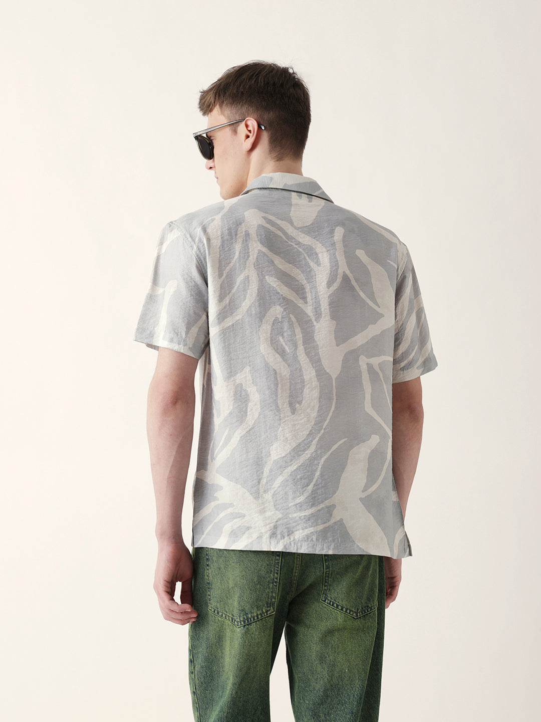 Teal with Cream Relaxed Fit Abstract Stroke Print Half Sleeve Casual Shirt