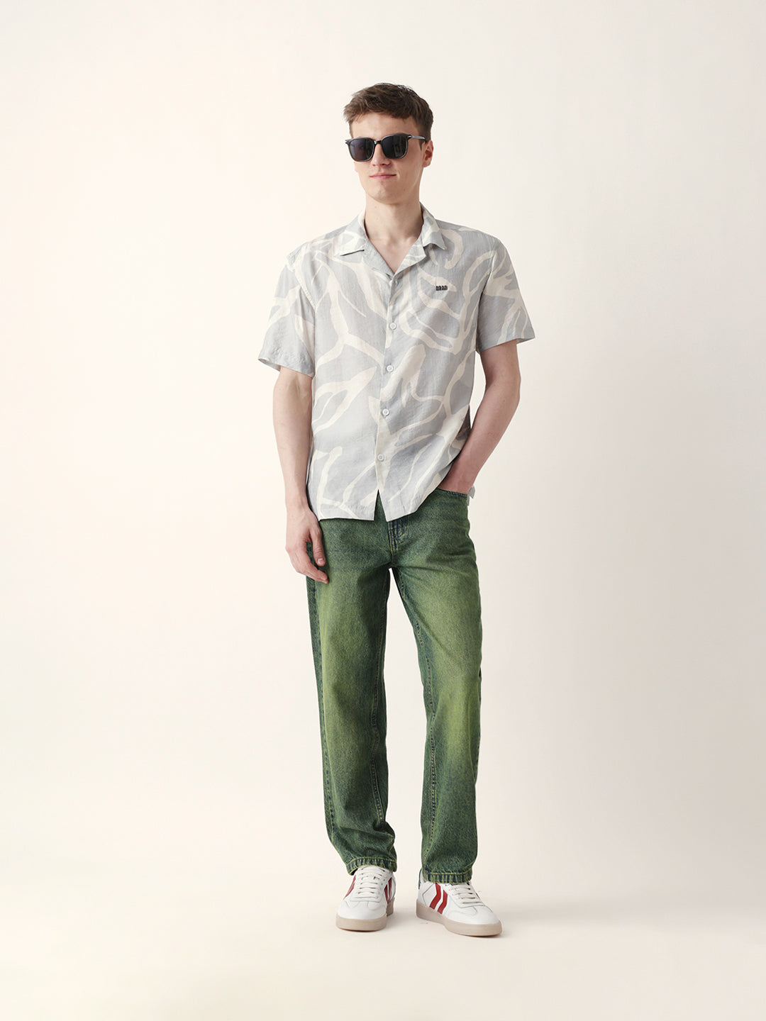 Teal with Cream Relaxed Fit Abstract Stroke Print Half Sleeve Casual Shirt