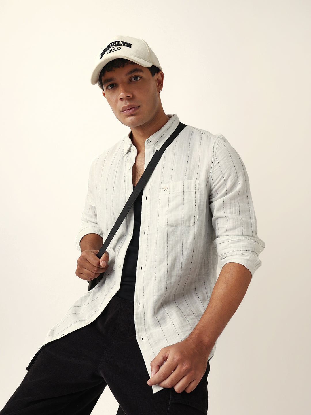 Light Green & White Vertical Striped Slim-Fit Casual Shirt with Textured Stitch Detailing