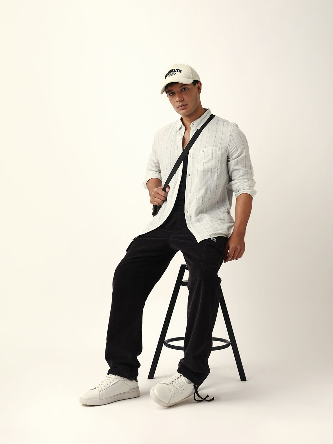 Light Green & White Vertical Striped Slim-Fit Casual Shirt with Textured Stitch Detailing