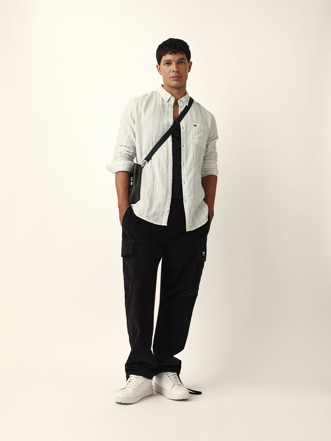 Light Green & White Vertical Striped Slim-Fit Casual Shirt with Textured Stitch Detailing