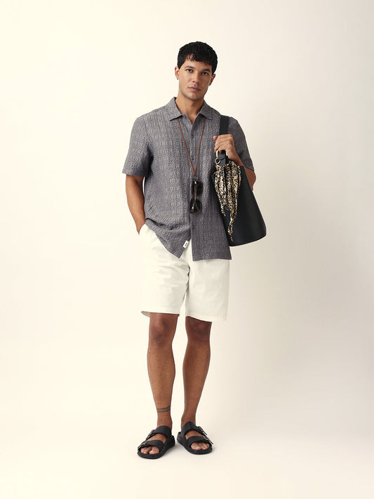 Grey Textured Geometric Relaxed Fit Casual Half Sleeve Shirt