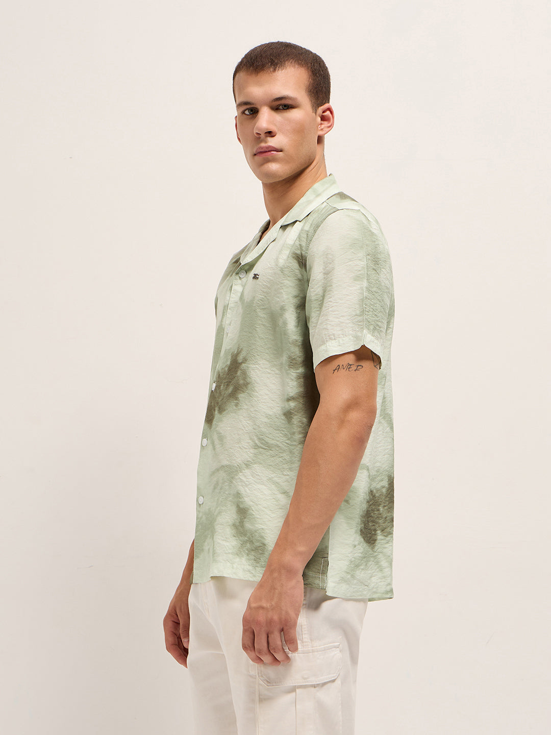 Light Green Faded Abstract Print Relaxed Fit Cuban Collar Shirt