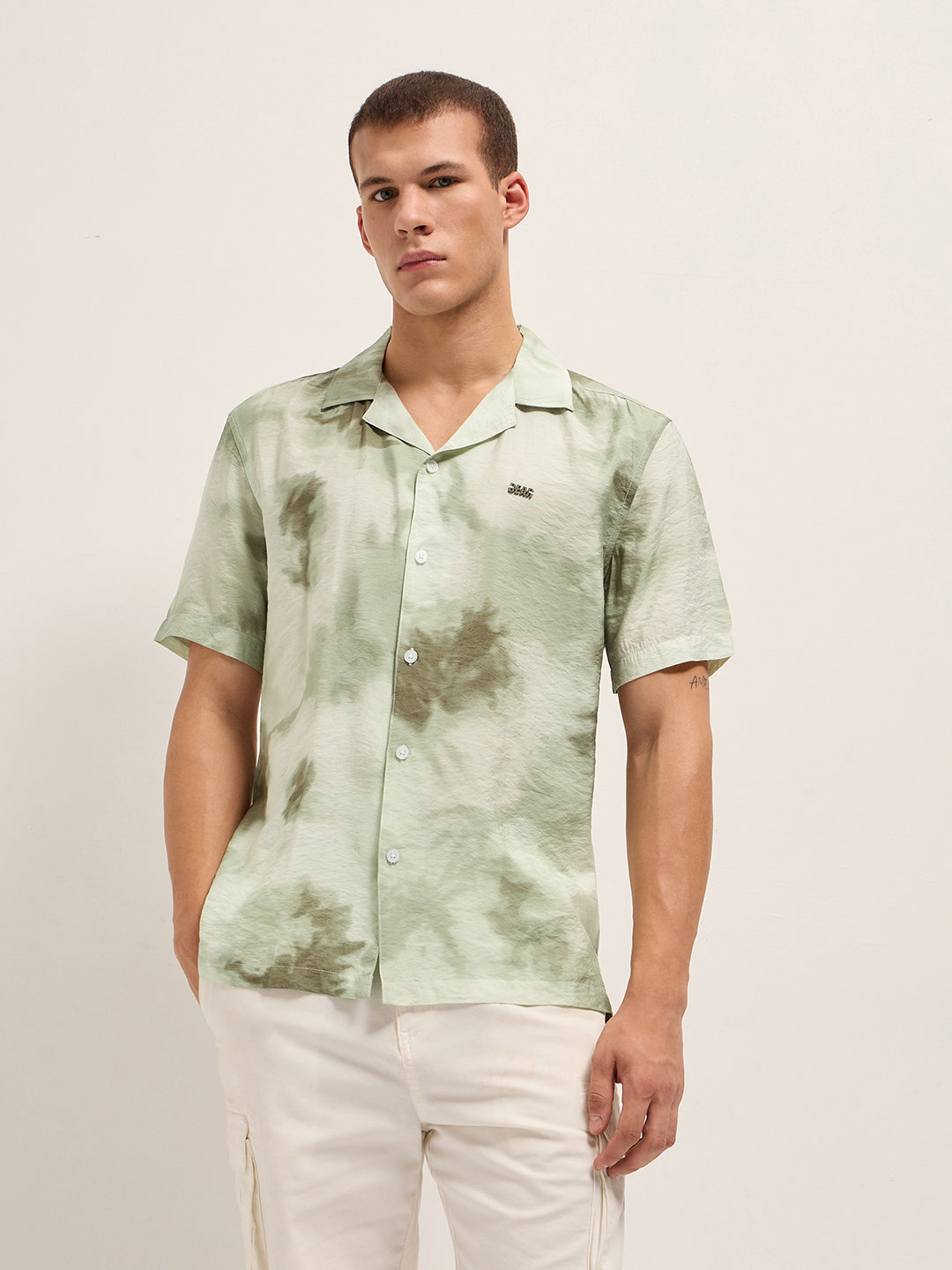 Light Green Faded Abstract Print Relaxed Fit Cuban Collar Shirt