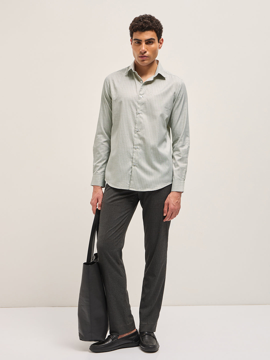 Light Green Vertical Striped Tailored Fit Formal Shirt