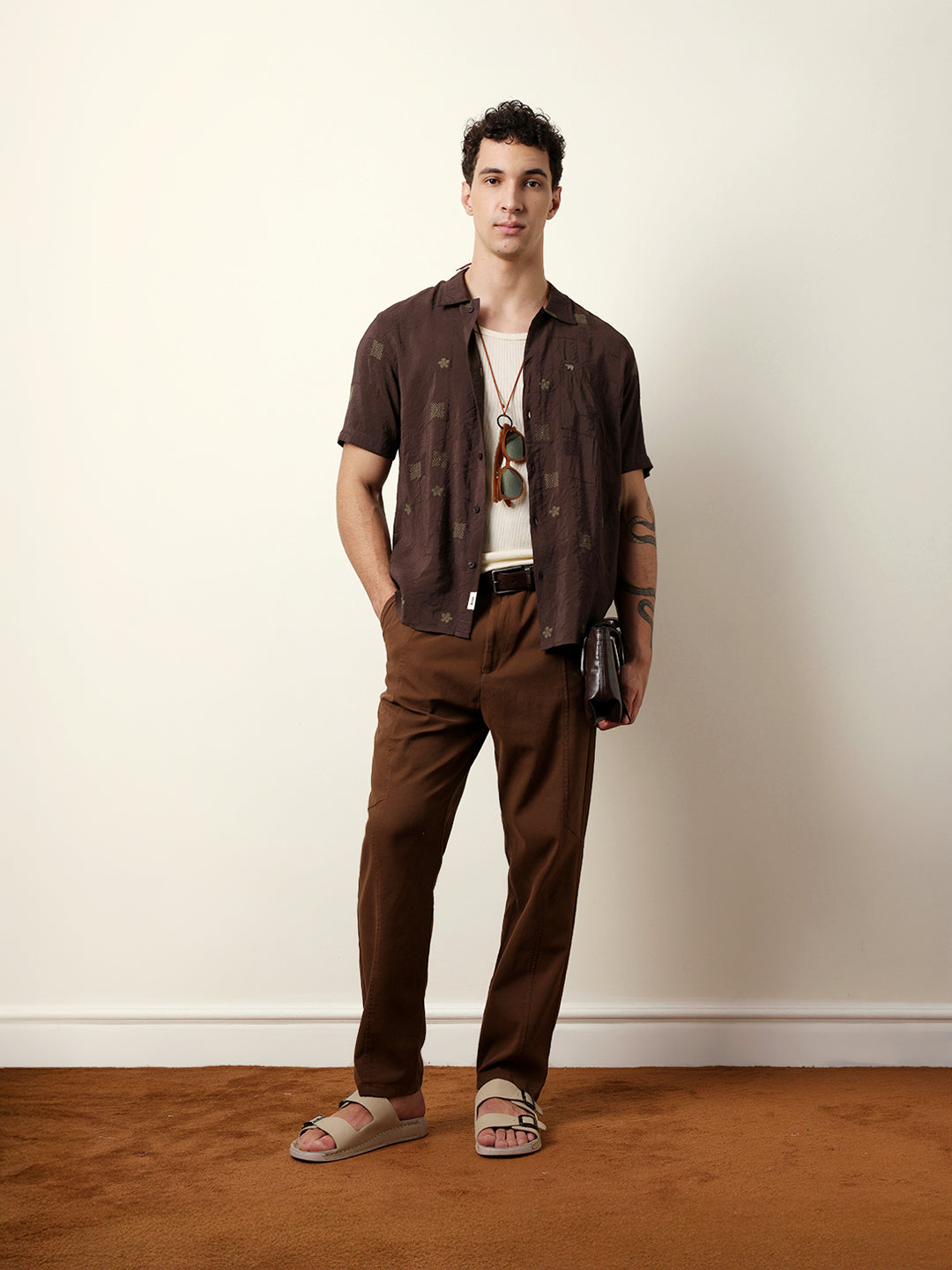 Brown Embroidered Motif Regular Fit Casual Shirt