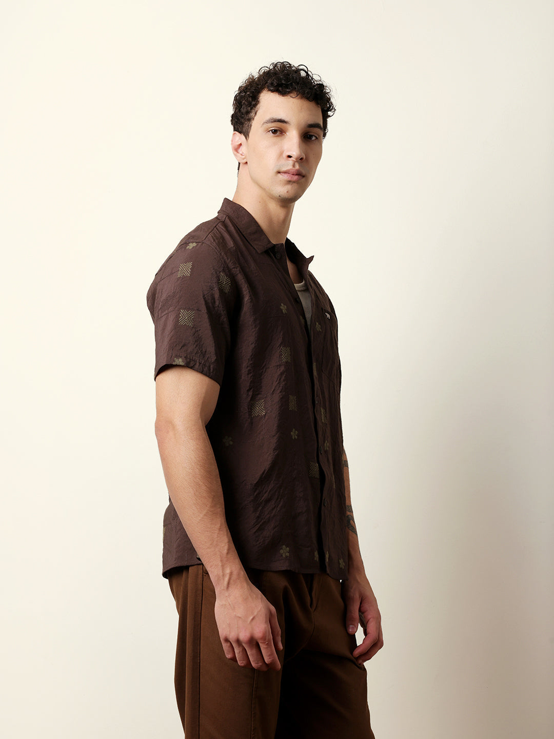 Brown Embroidered Motif Regular Fit Casual Shirt