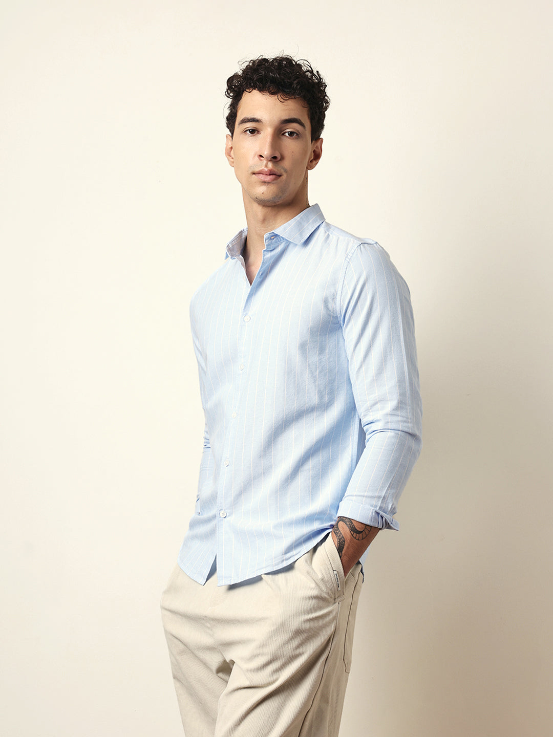 Light Blue Vertical Woven Stripe Slim Fit Casual Shirt