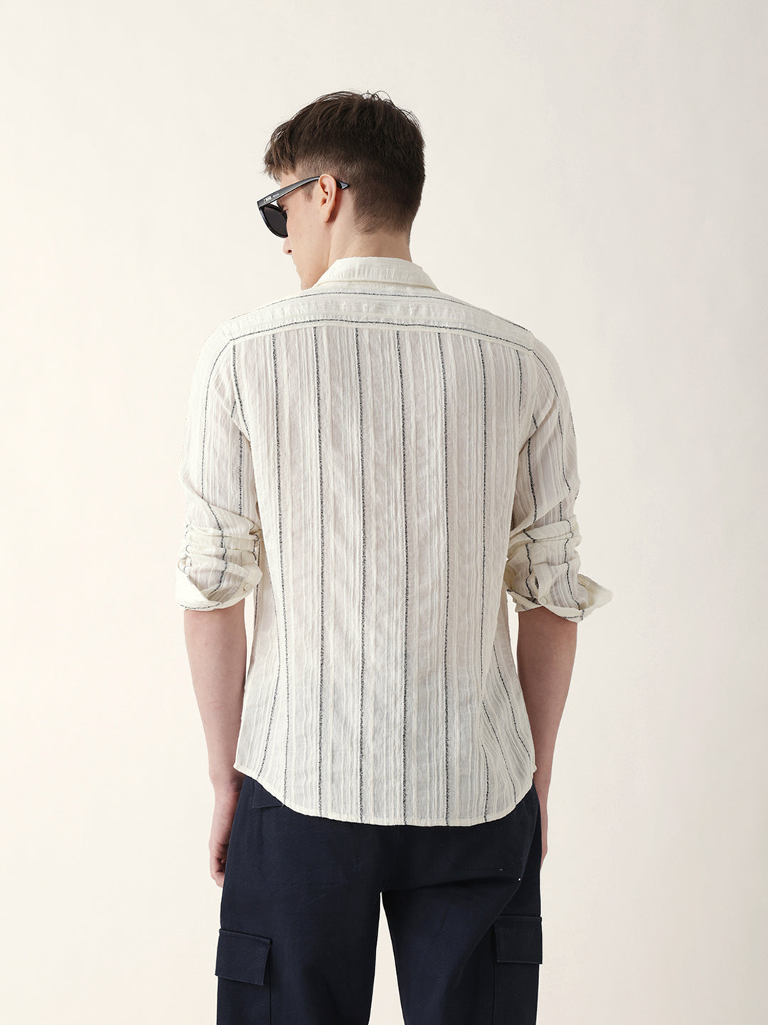 White Vertical Seersucker Pinstripe Slim Fit Casual Shirt