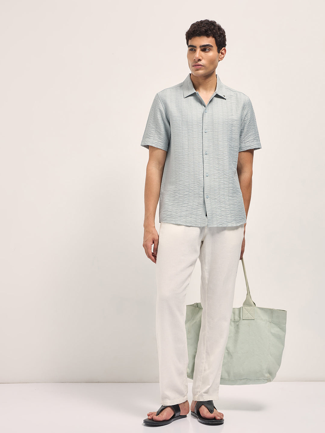 Light Blue Crinkled Textured Regular Fit Half-Sleeve Casual Shirt