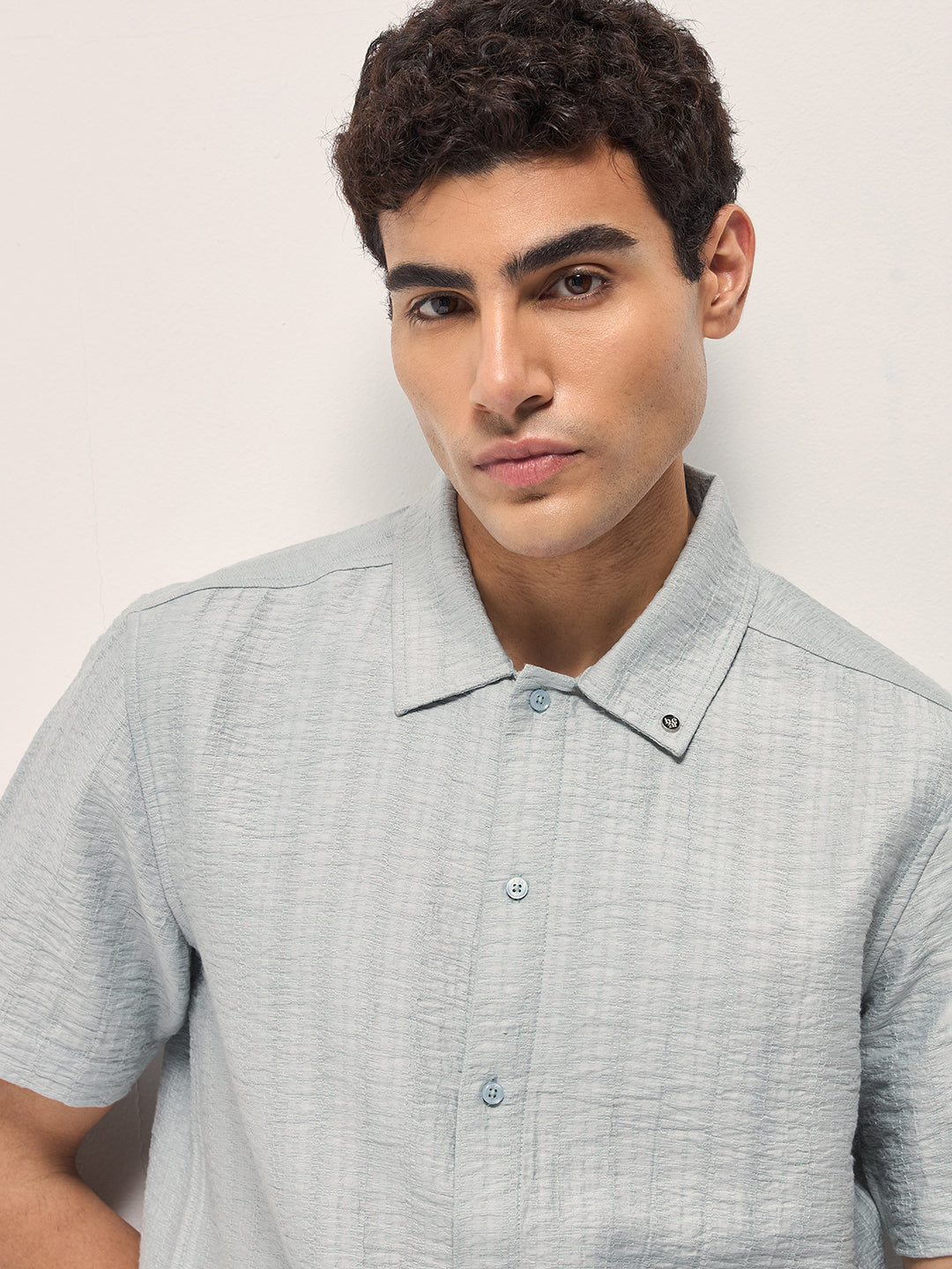 Light Blue Crinkled Textured Regular Fit Half-Sleeve Casual Shirt