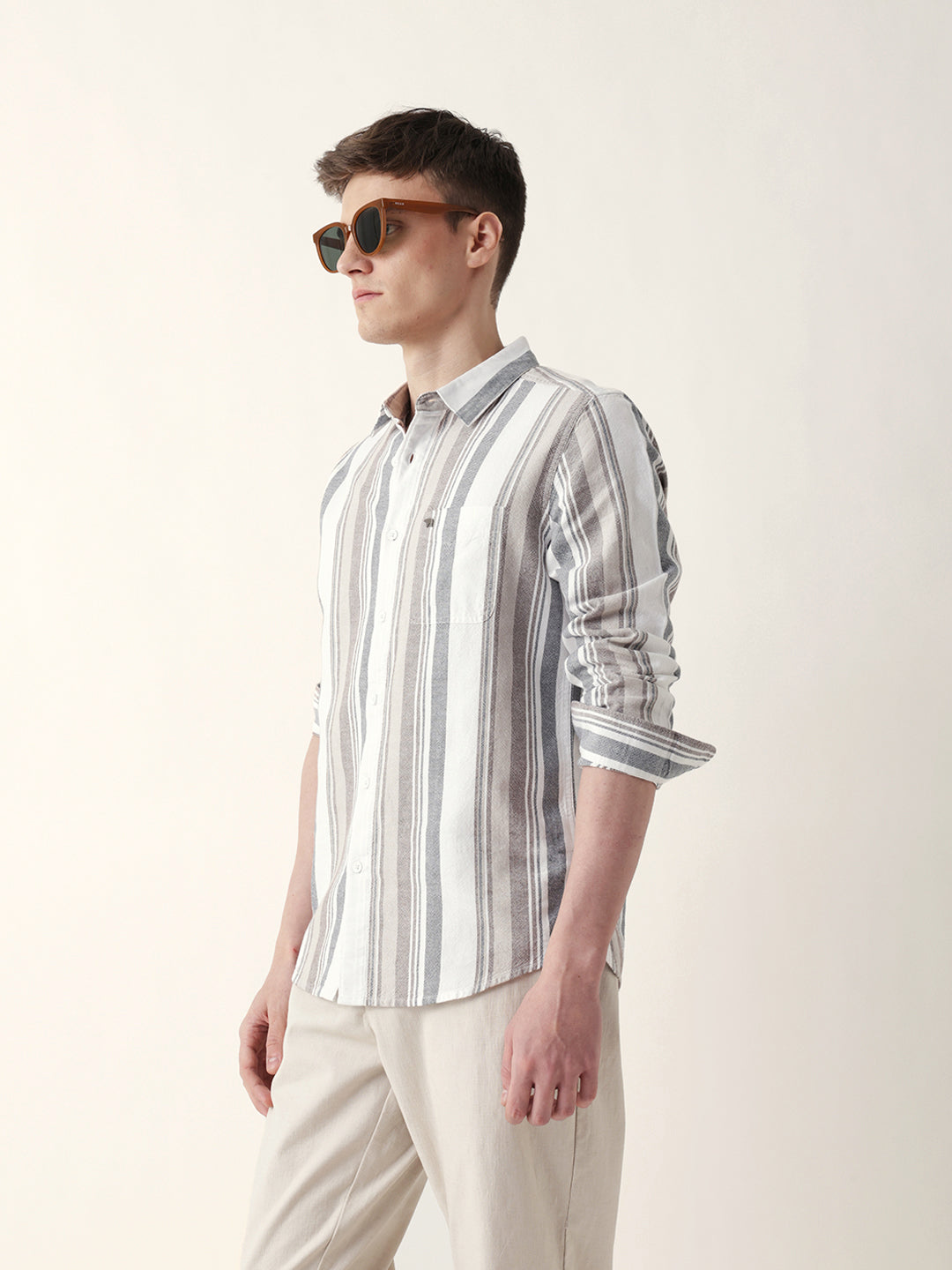 Multicolor Vertical Woven Stripe Slim Fit Casual Shirt