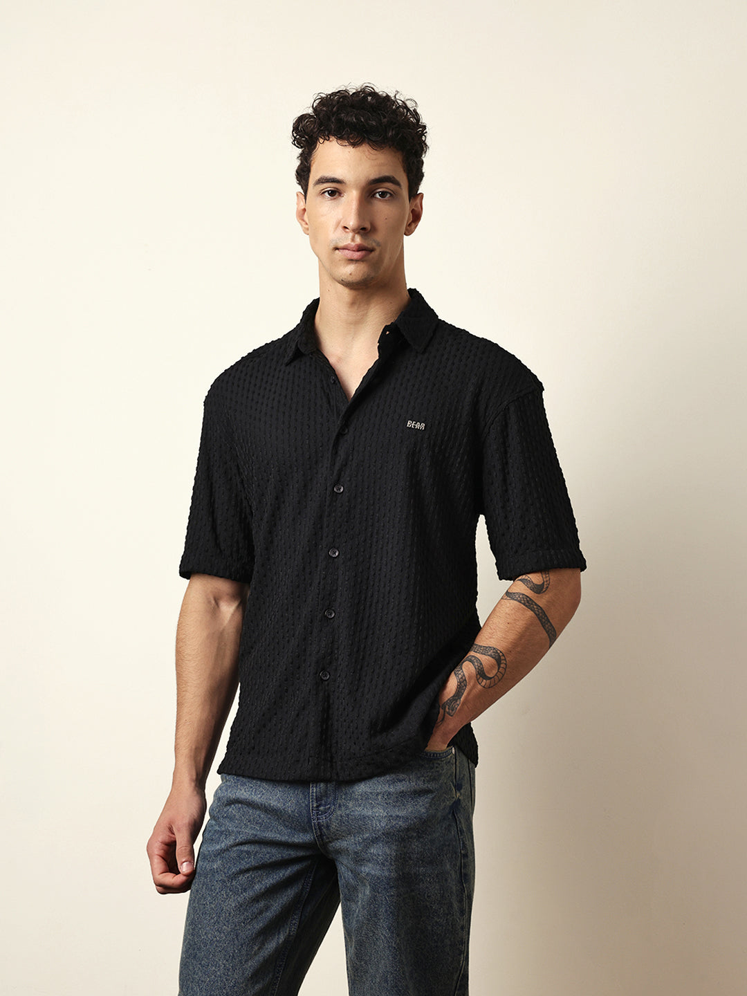 Black Textured Woven Oversized Fit Half Sleeve Casual Shirt