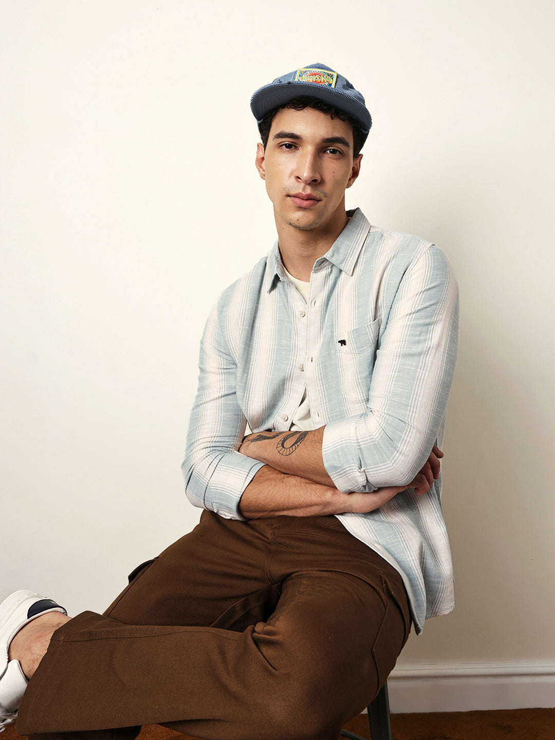 Teal Green with White Herringbone Striped Slim Fit Casual Shirt