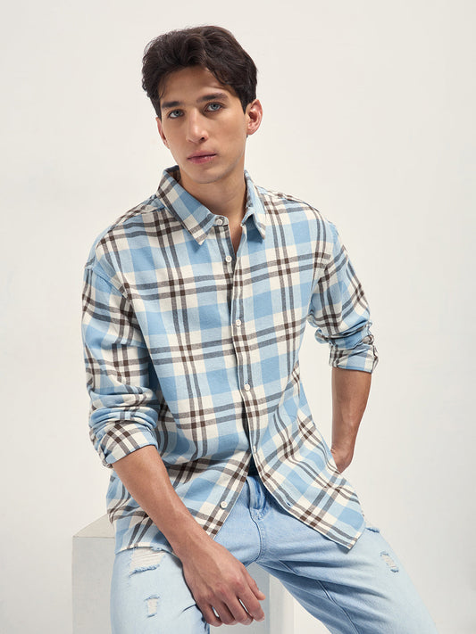 Blue Tartan Check Cotton Relaxed Fit Overshirt