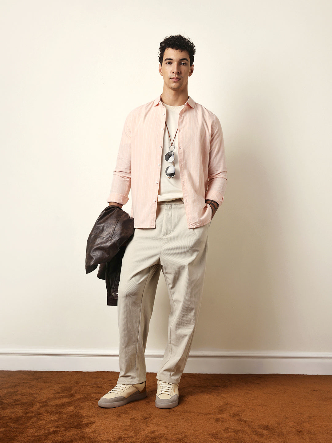 Peach Vertical Woven Stripe Slim Fit Casual Shirt