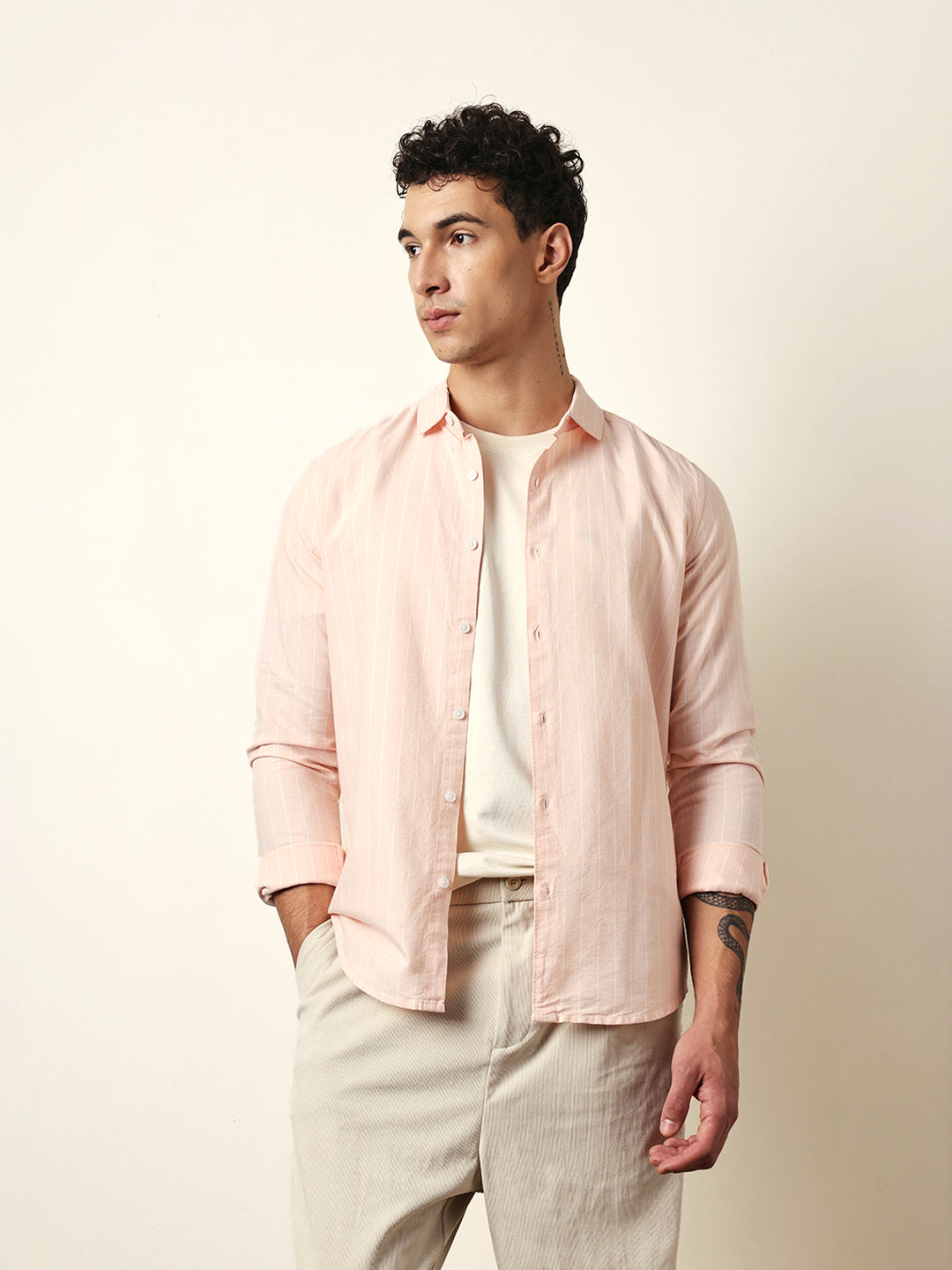 Peach Vertical Woven Stripe Slim Fit Casual Shirt