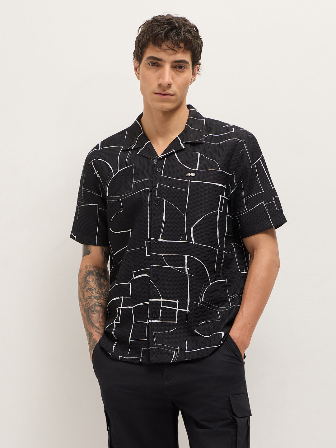 Black Abstract Geometric Print Relaxed Fit Cuban Collar Casual Shirt
