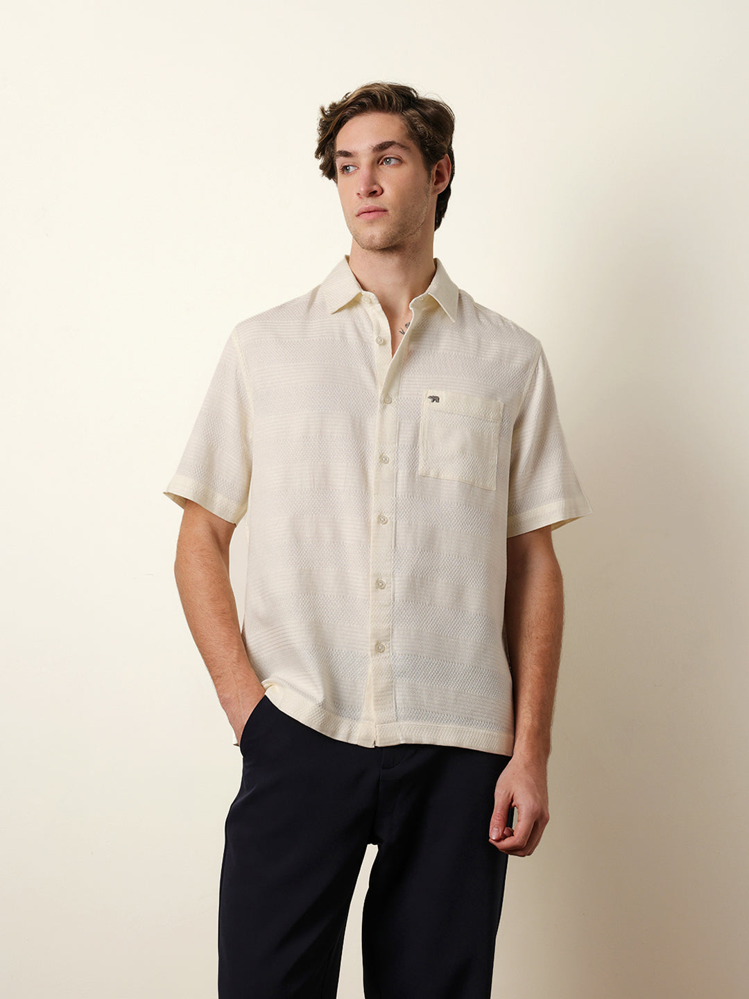 Off-White Relaxed Fit Casual Half Sleeve Shirt with Textured Horizontal Stripes
