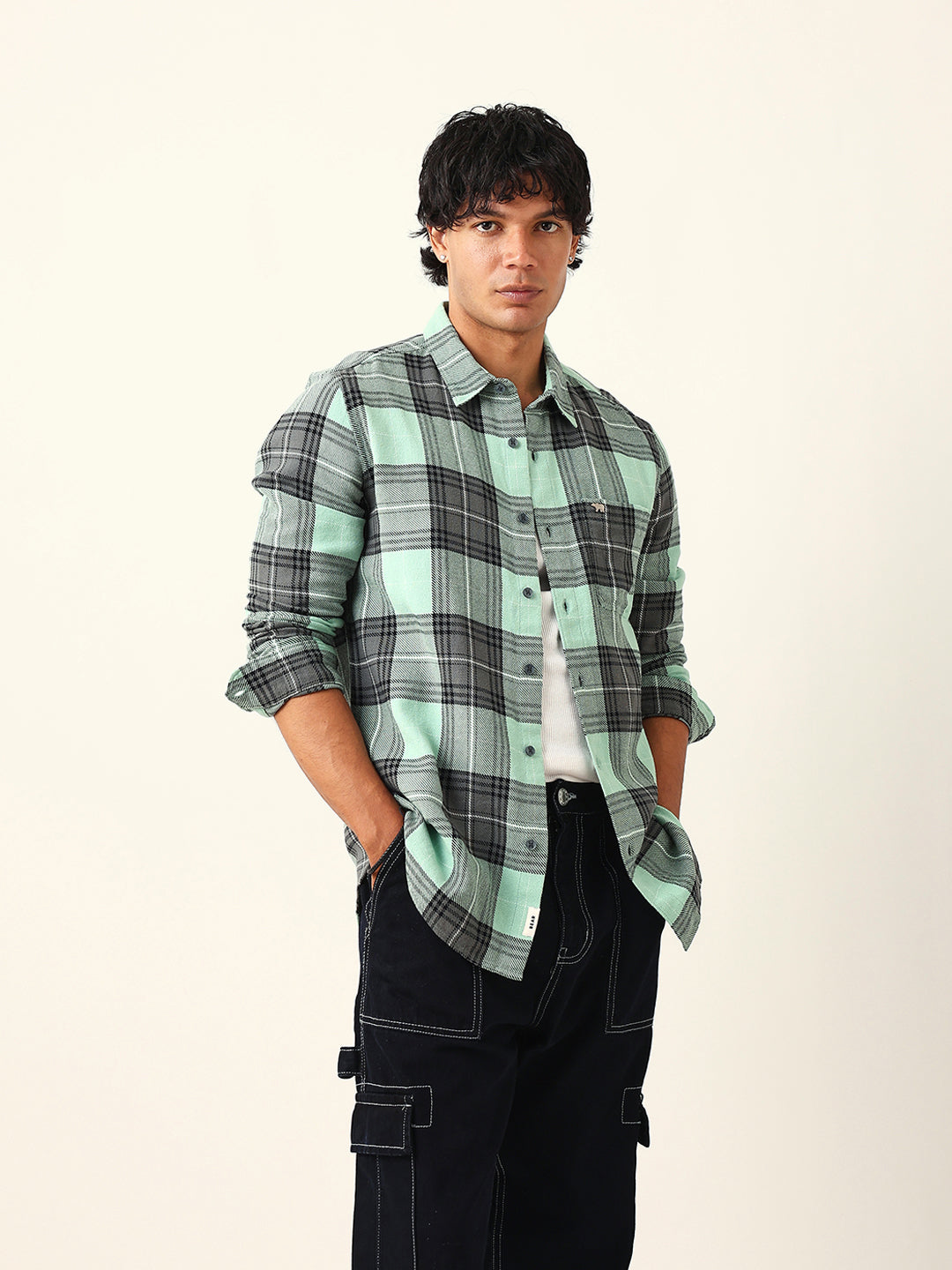Sage Green & Black Flannel Checked Slim Fit Woven Casual Shirt