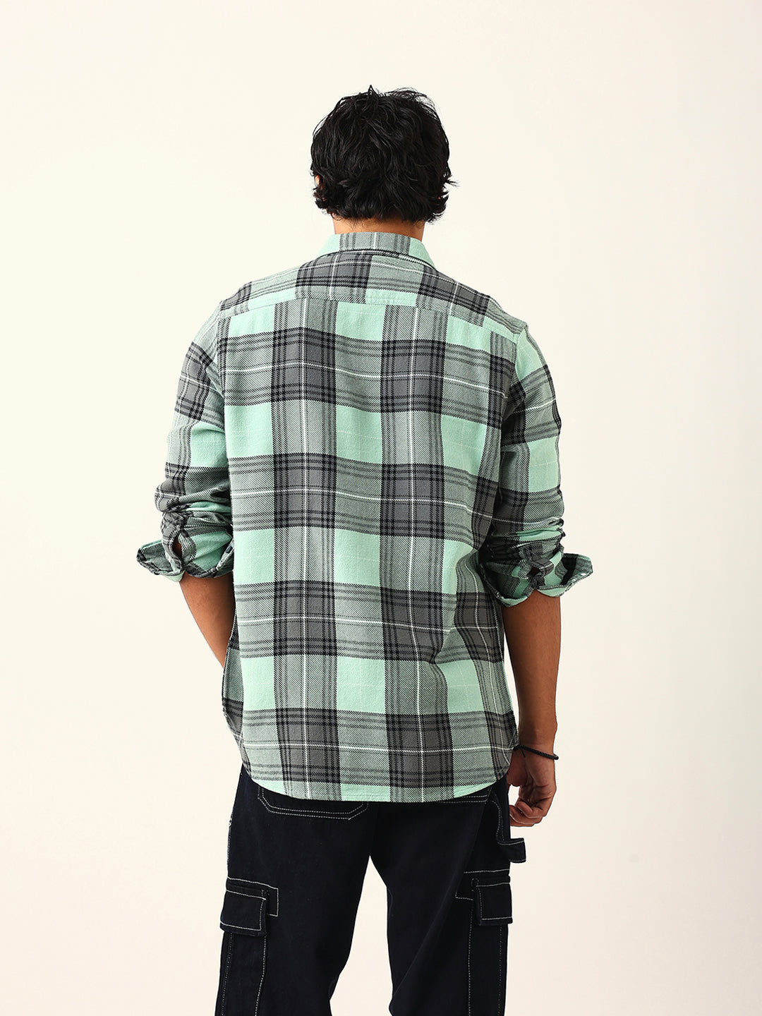 Sage Green & Black Flannel Checked Slim Fit Woven Casual Shirt
