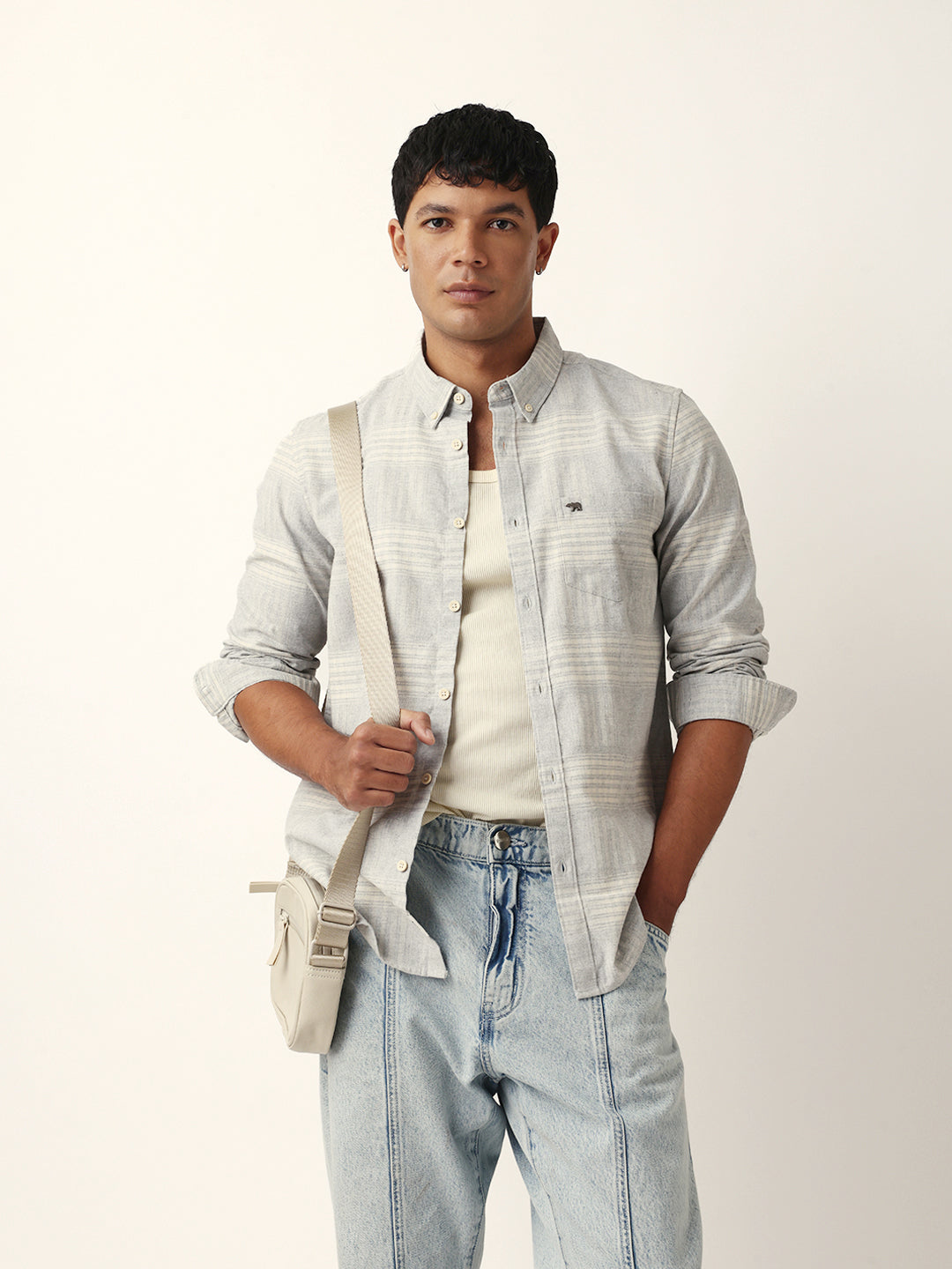 Grey Checked Woven Slim Fit Casual Shirt