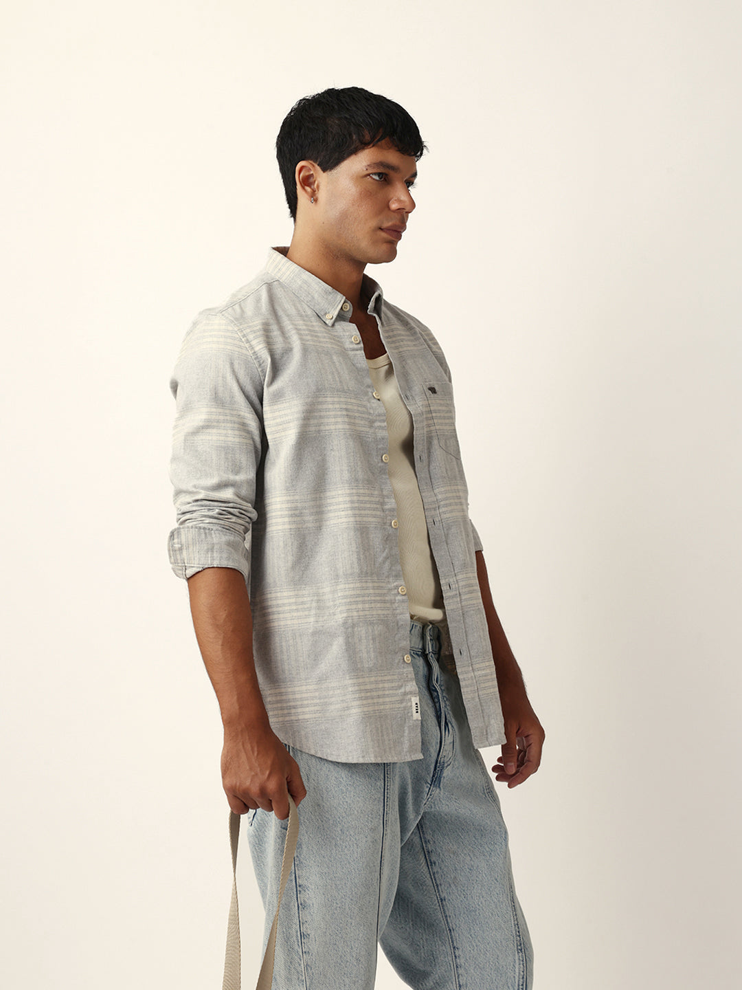 Grey Checked Woven Slim Fit Casual Shirt
