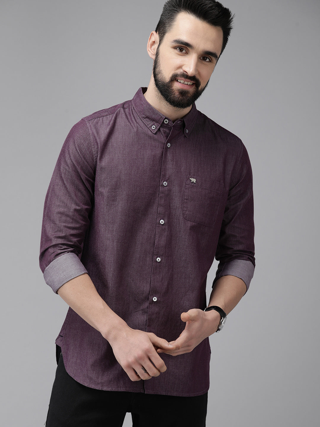 Men Aubergine Solid Slim Fit Cotton Chambray Casual Shirt
