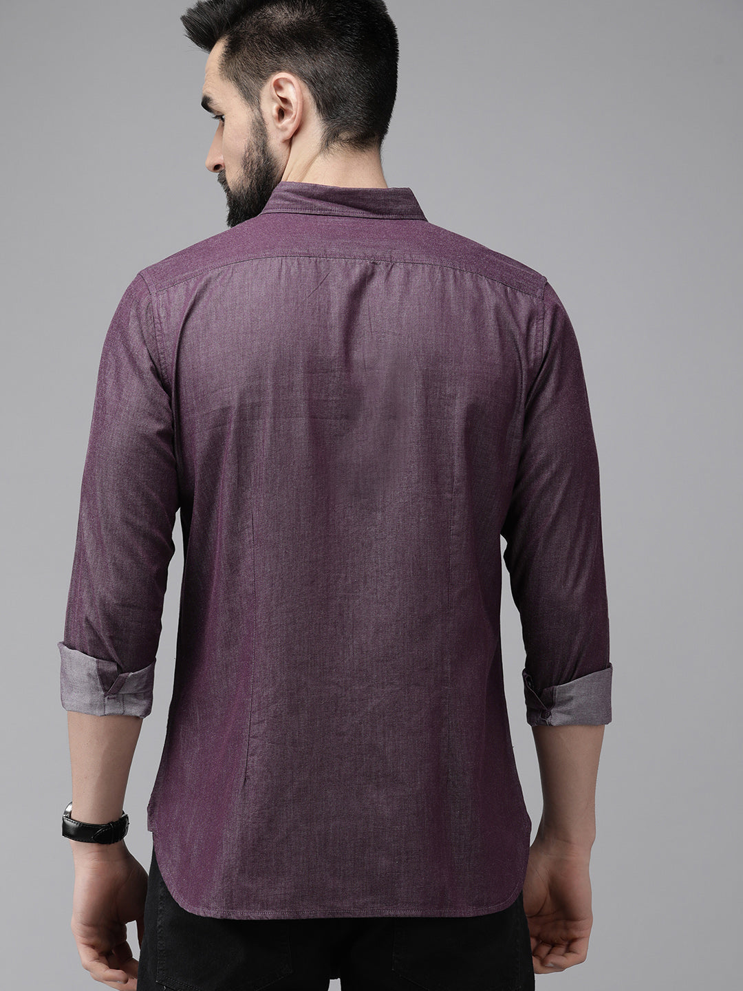 Men Aubergine Solid Slim Fit Cotton Chambray Casual Shirt