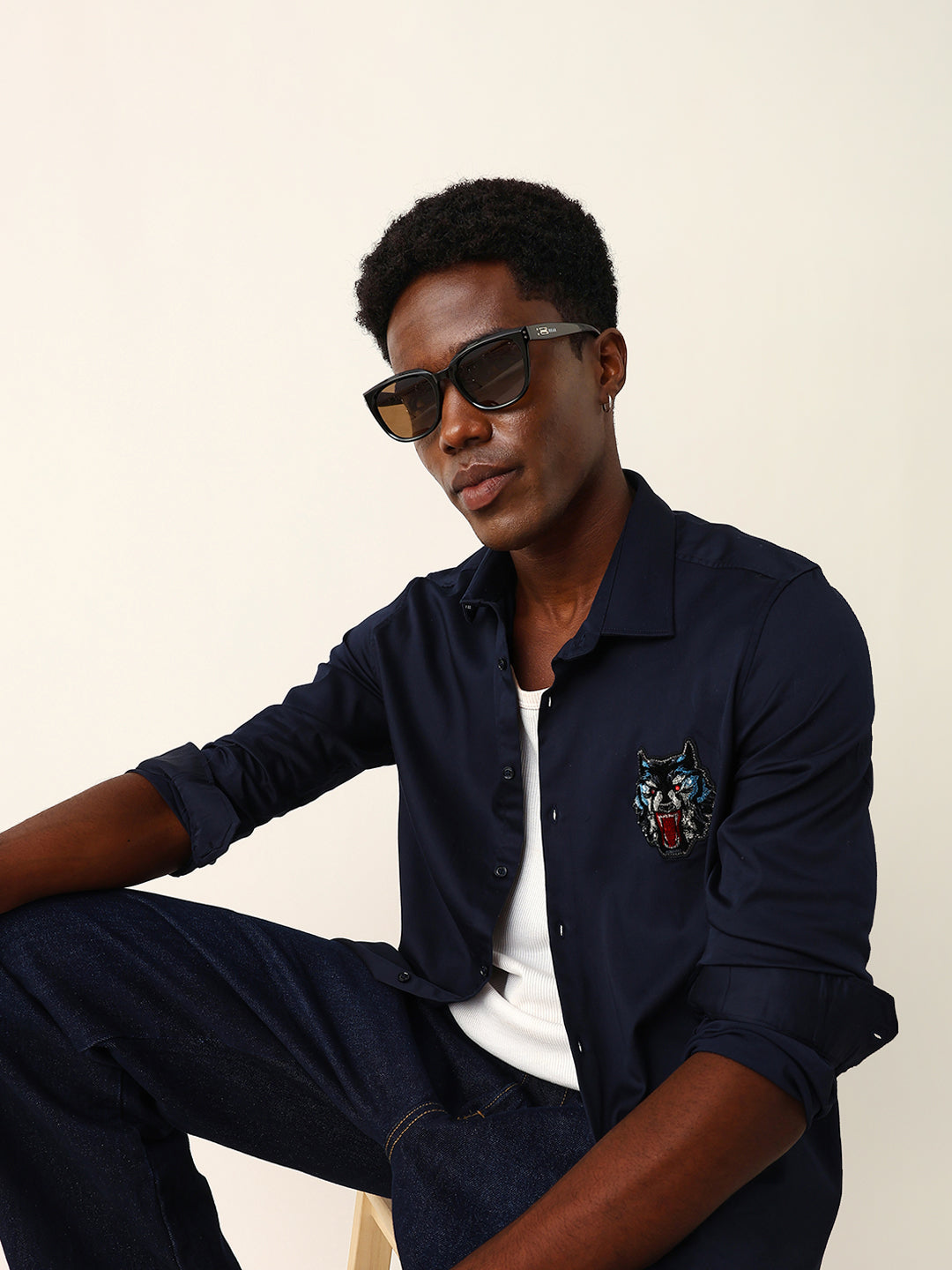Navy Blue Tailored Fit Wolf Motif Embroidered Formal Party Wear Shirt