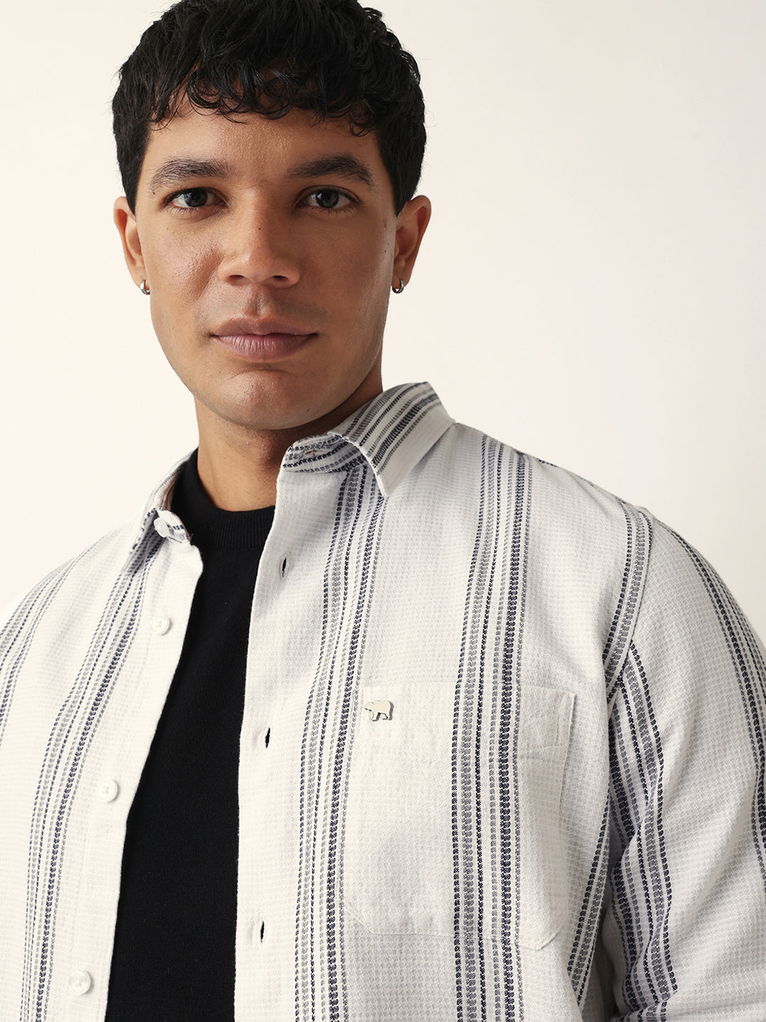 White Vertical Woven Stripe Slim Fit Casual Shirt