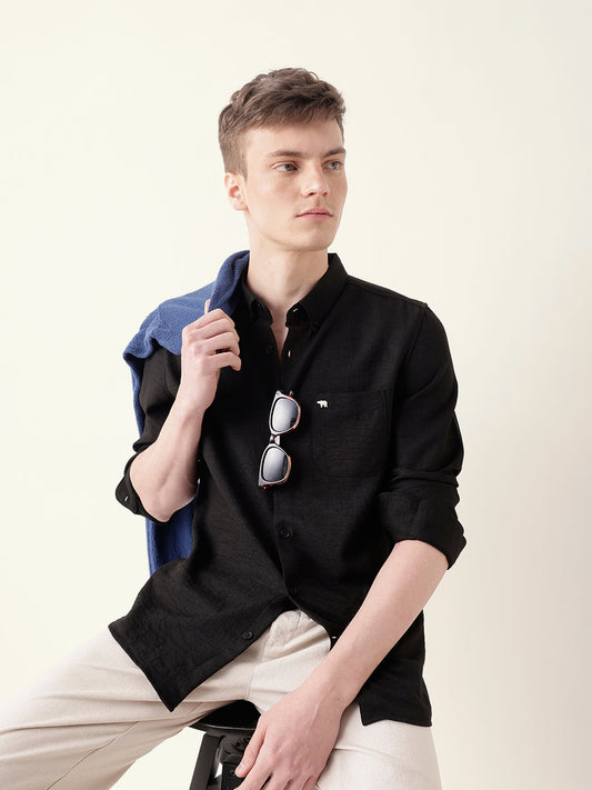 Black Slim Fit Casual Shirt with Woven Textured Design