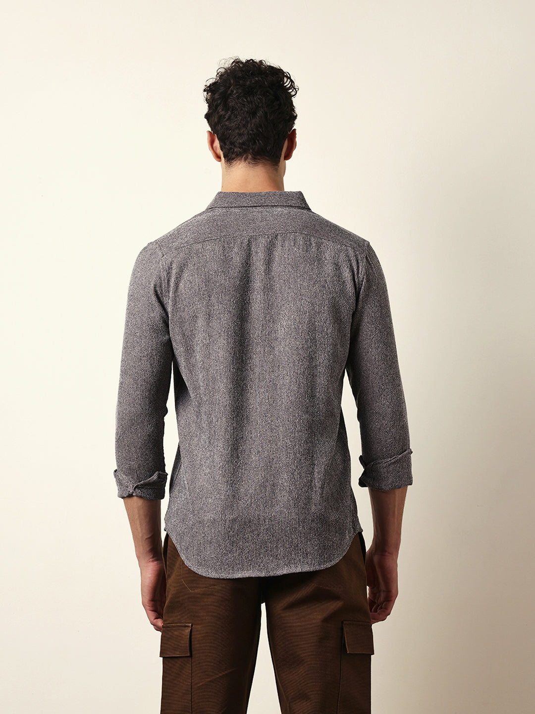Grey Textured Woven Striped Slim Fit Casual Shirt