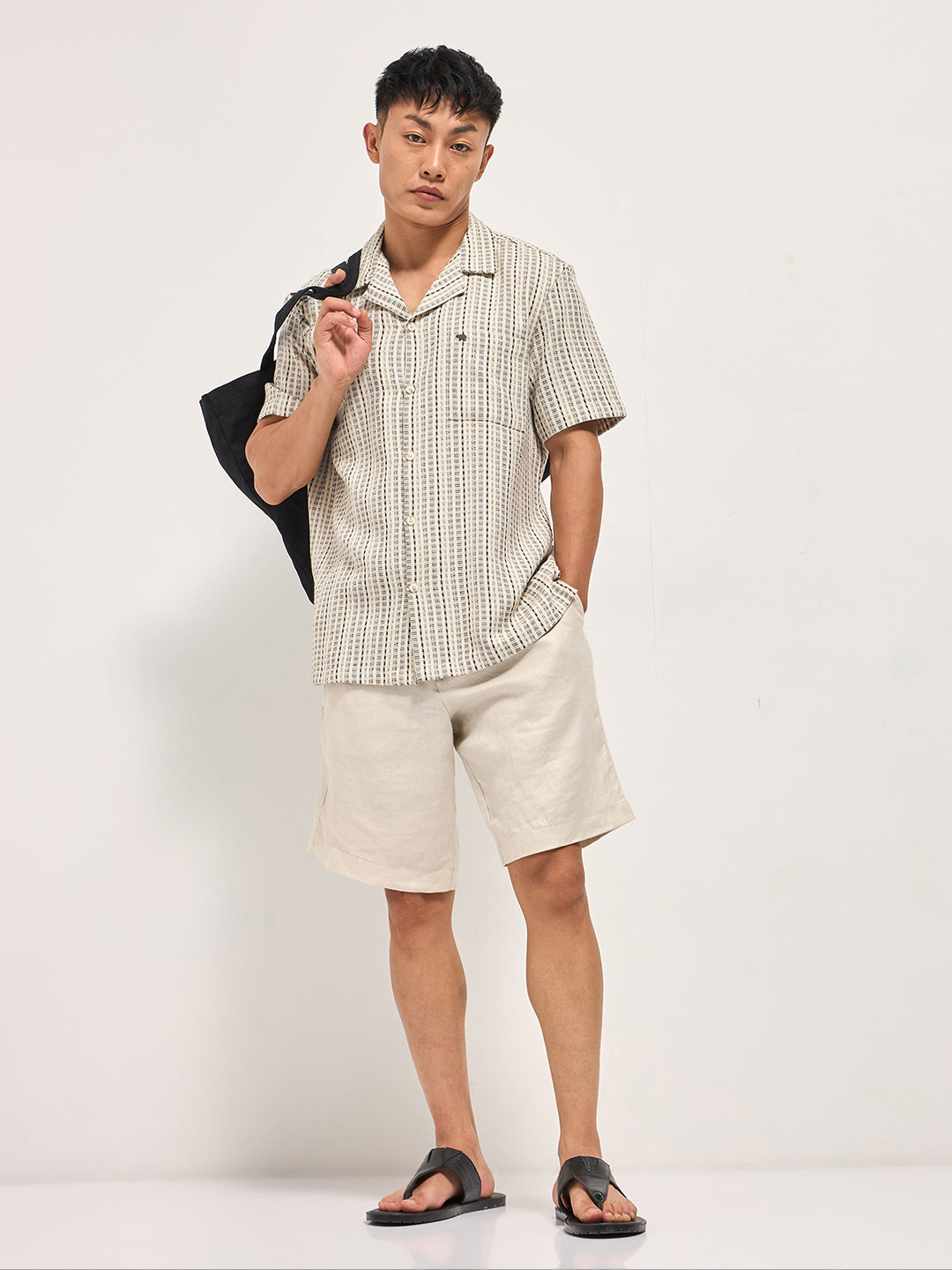 Cream Textured Striped Regular Fit Casual Shirt with a Cuban Collar