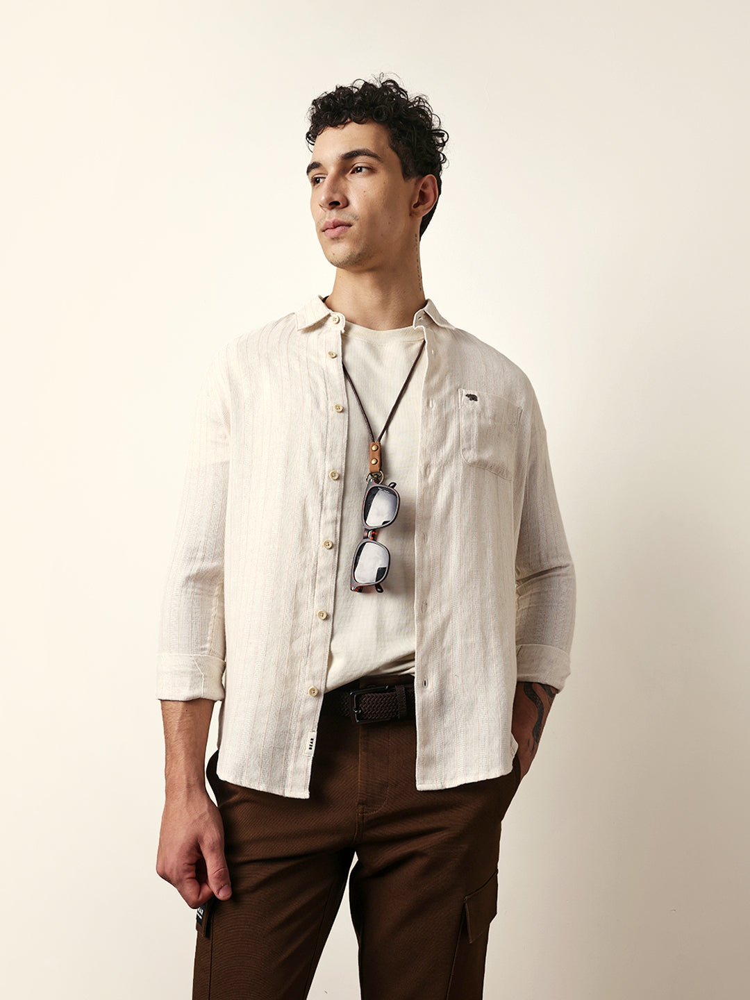 Cream Vertical Woven Stripe Slim Fit Casual Shirt