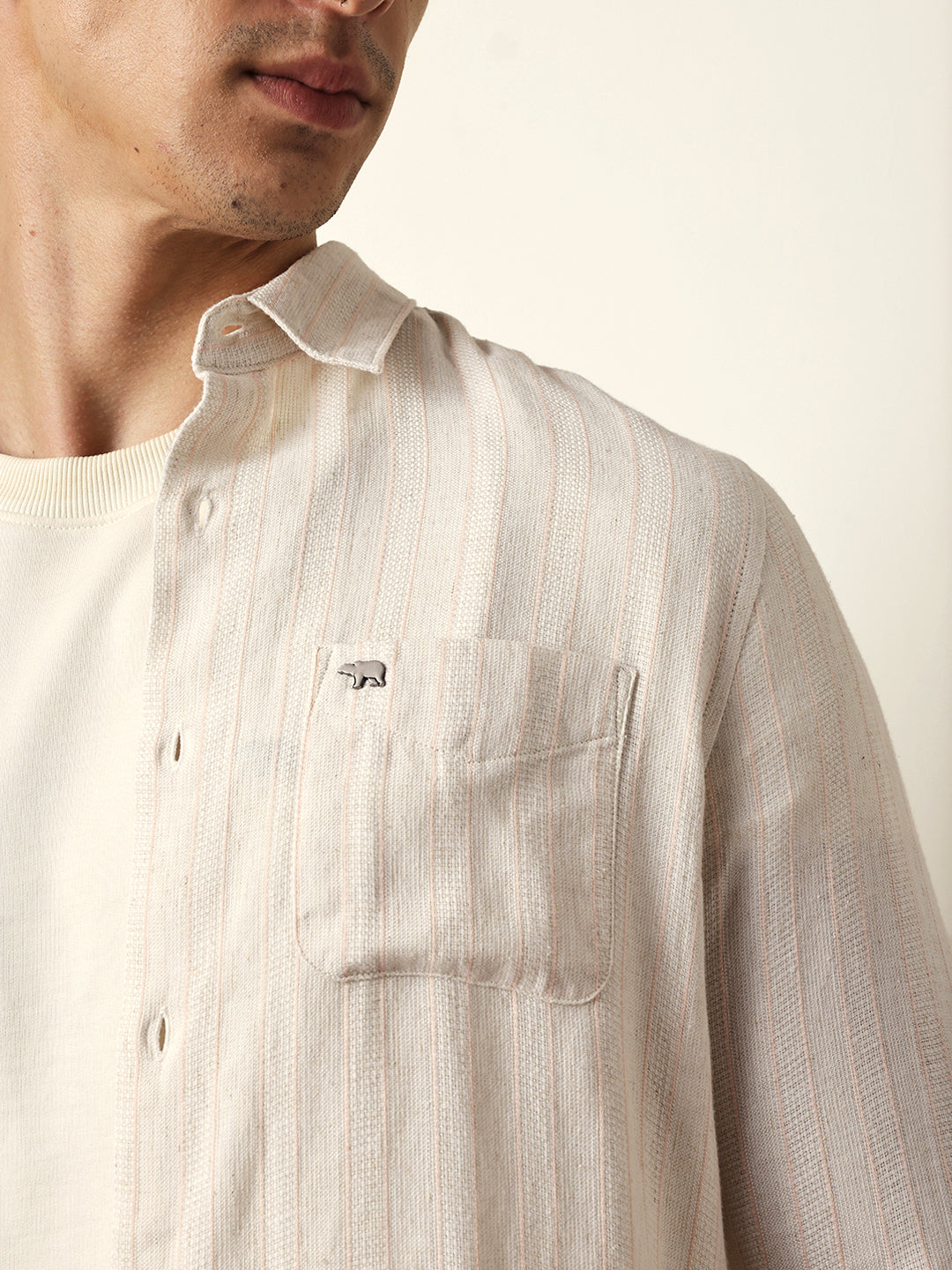 Cream Vertical Woven Stripe Slim Fit Casual Shirt
