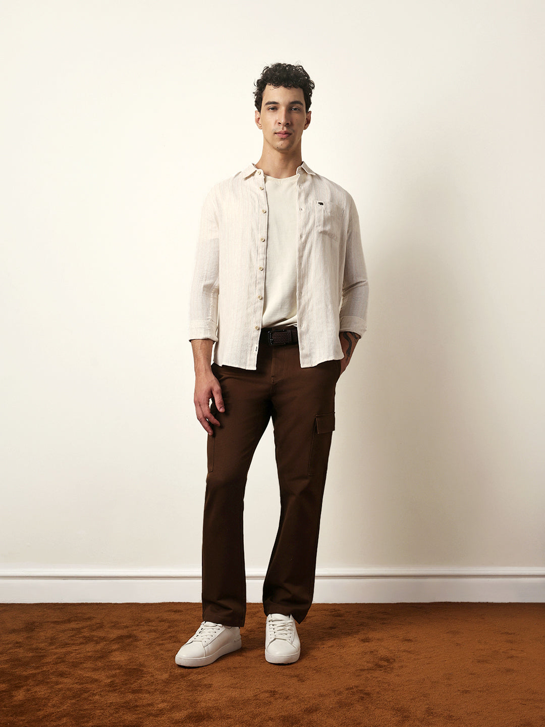 Cream Vertical Woven Stripe Slim Fit Casual Shirt