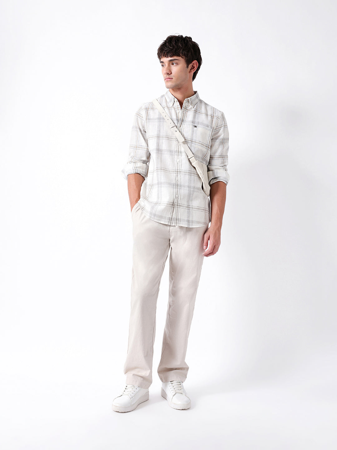 Cream Checked Woven Slim Fit Casual Shirt