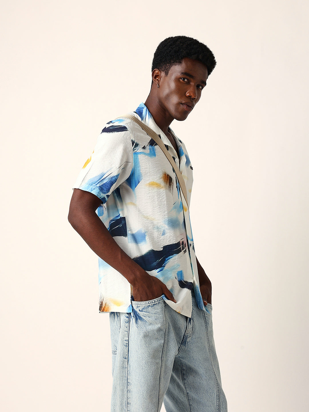White & Blue Abstract Watercolor Printed Relaxed Fit Short Sleeve Shirt