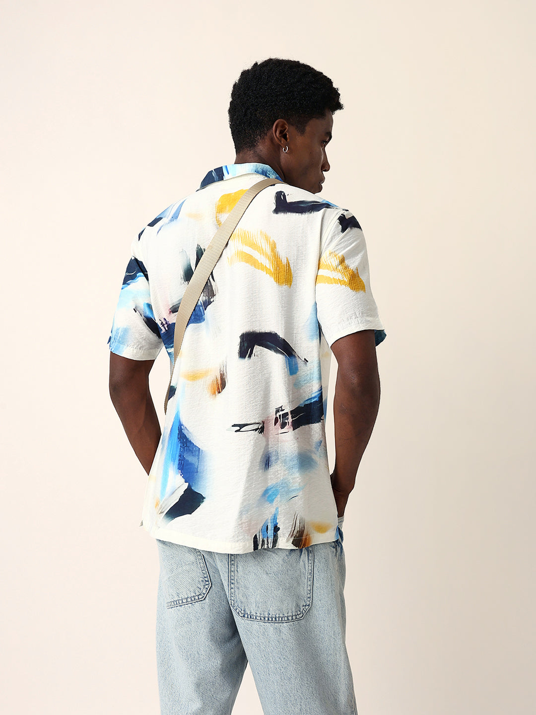 White & Blue Abstract Watercolor Printed Relaxed Fit Short Sleeve Shirt