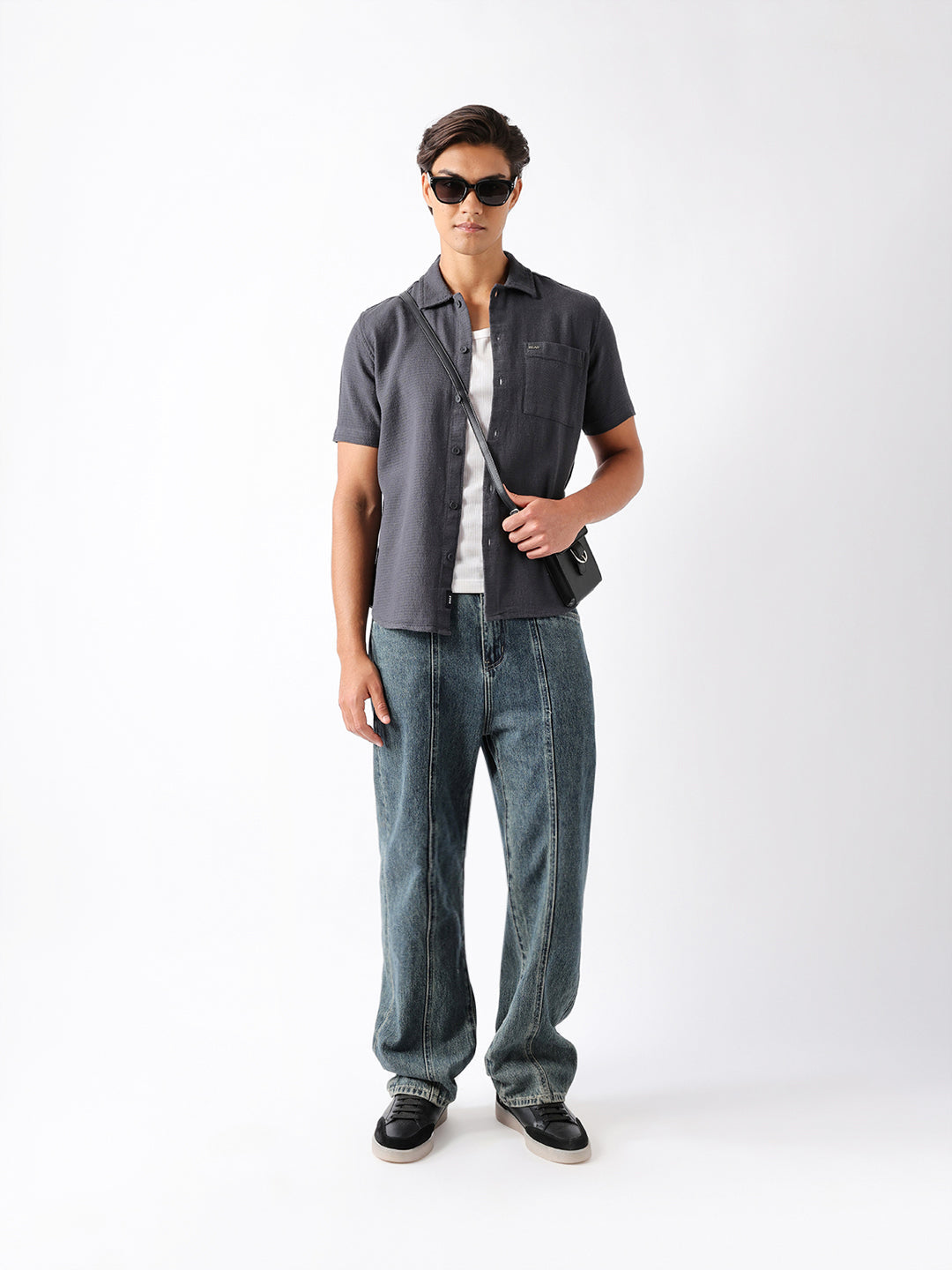 Dark Grey Textured Weave Regular Fit Half-Sleeve Casual Shirt