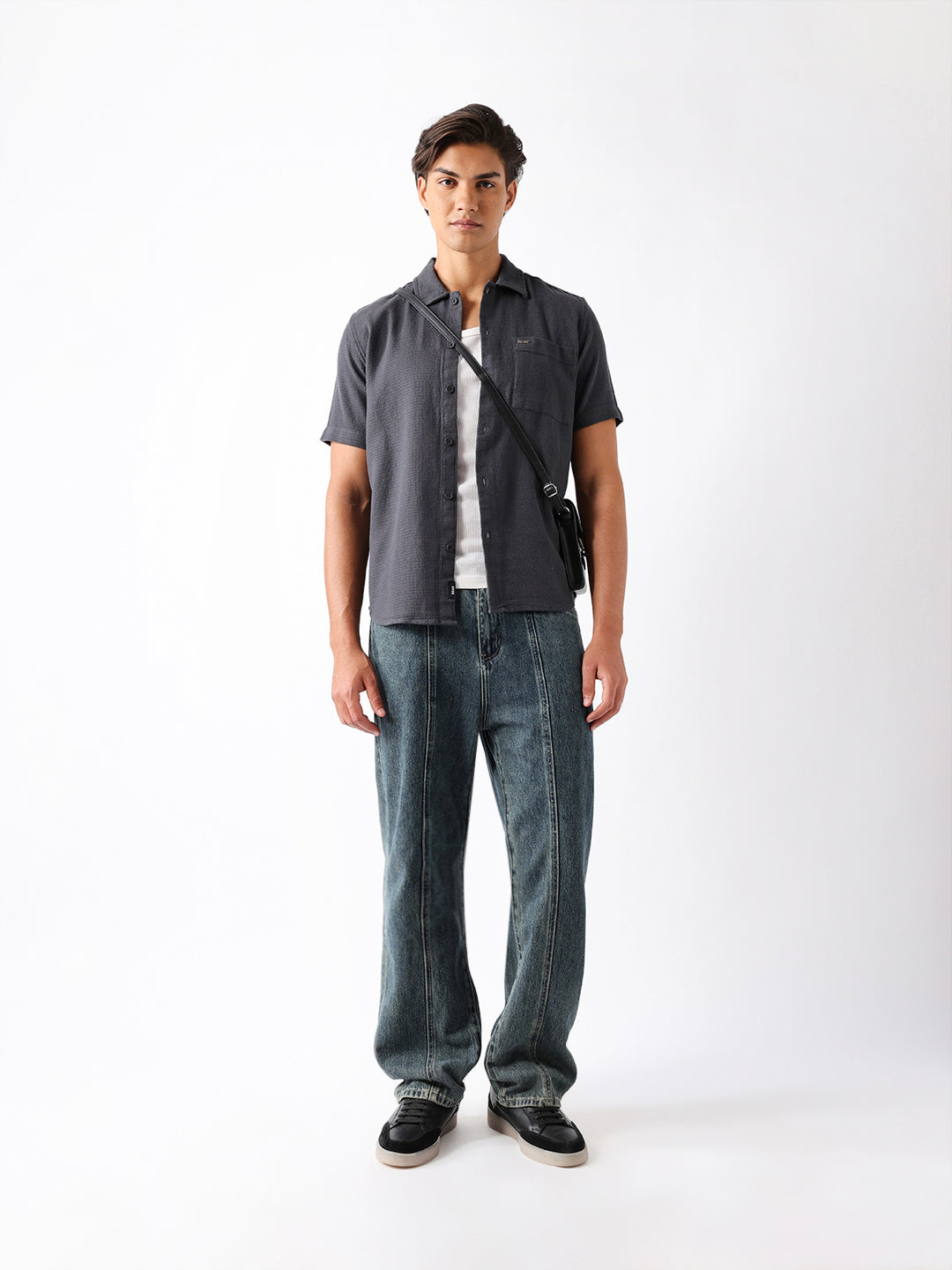 Dark Grey Textured Weave Regular Fit Half-Sleeve Casual Shirt