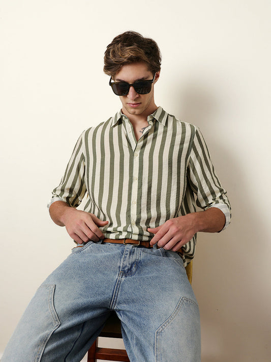 Green & Cream Vertical Stripe Regular Fit Casual Shirt