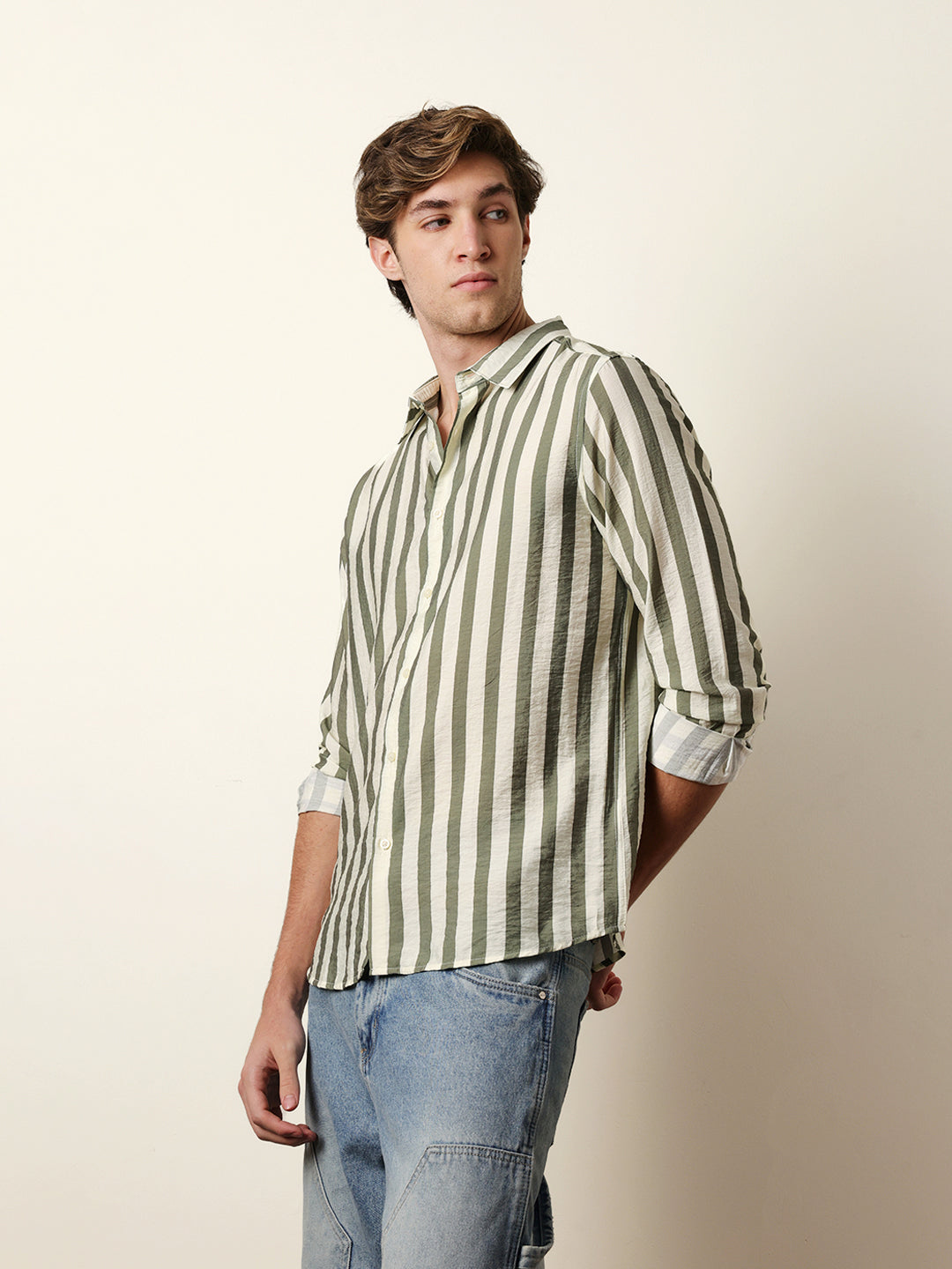 Green & Cream Vertical Stripe Regular Fit Casual Shirt