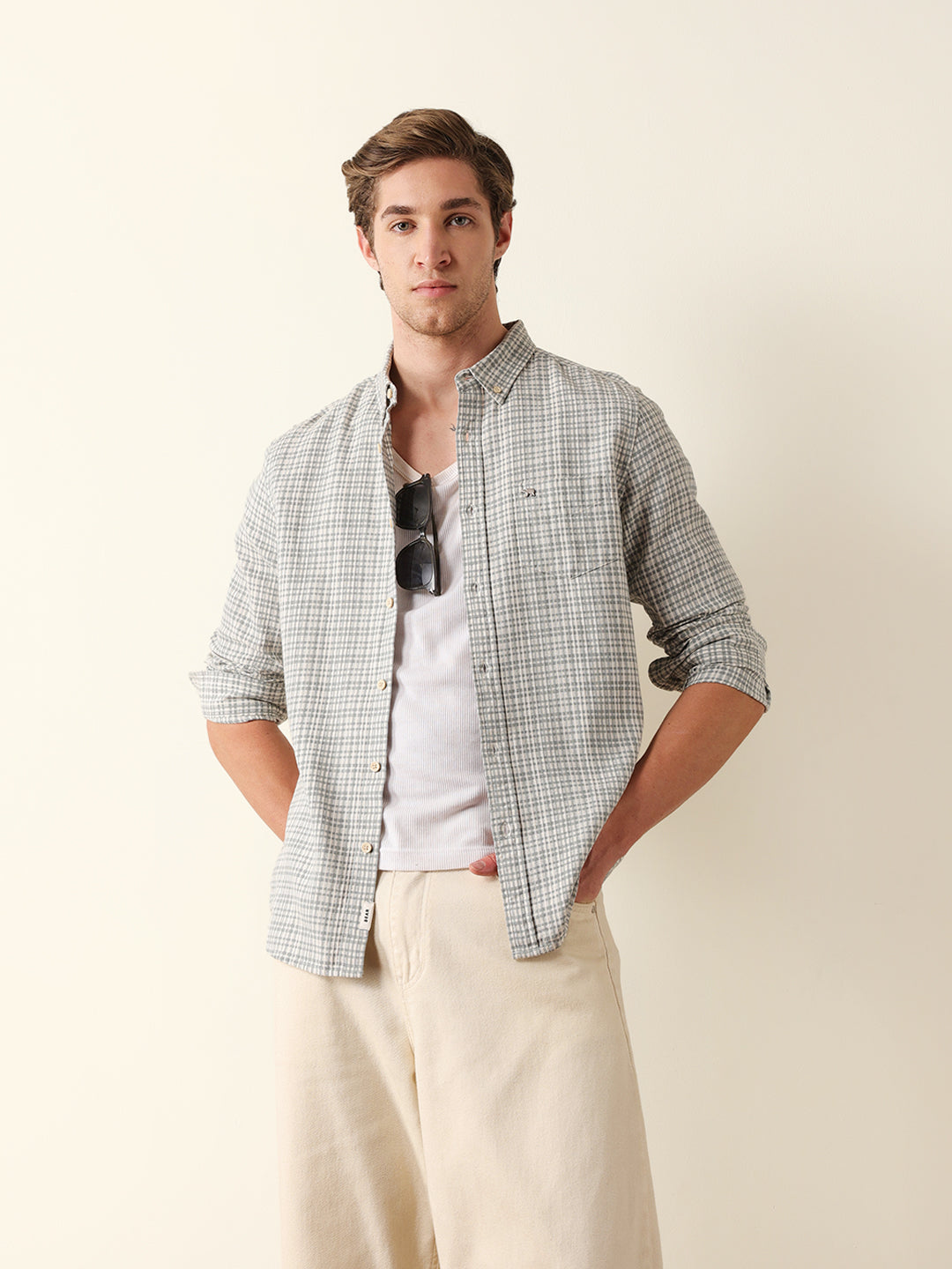 Green Woven Micro Check Slim Fit Casual Shirt