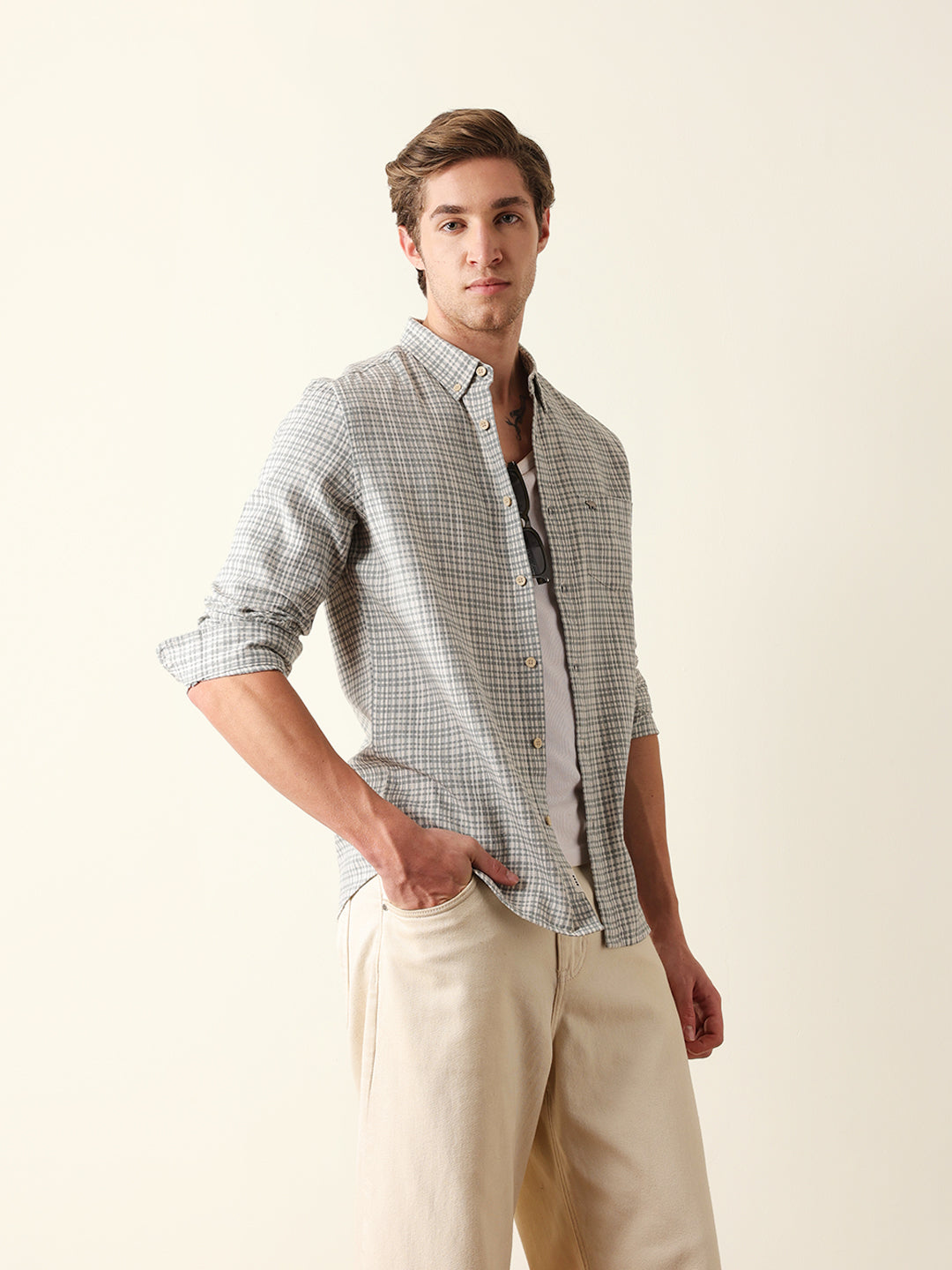 Green Woven Micro Check Slim Fit Casual Shirt