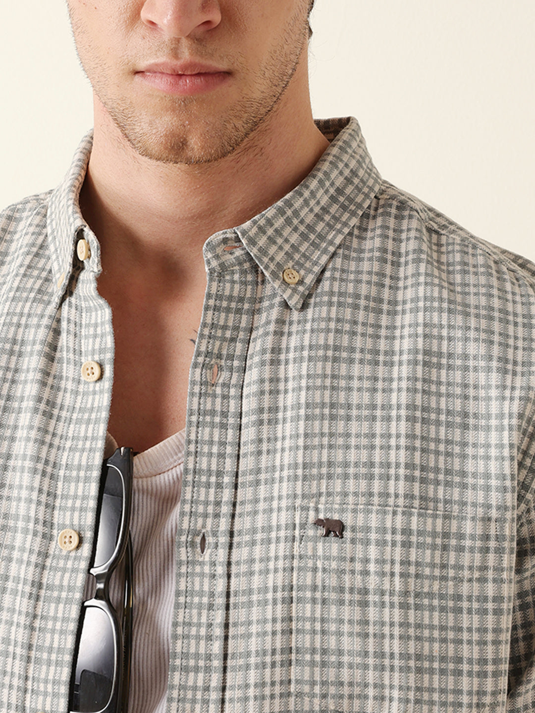 Green Woven Micro Check Slim Fit Casual Shirt
