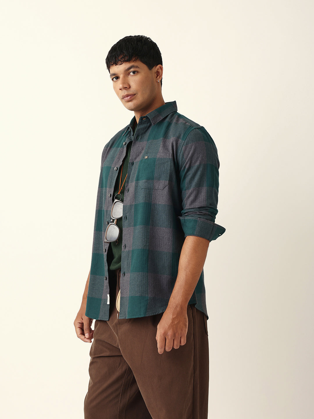Green with Grey Woven Checks Slim Fit Casual Shirt