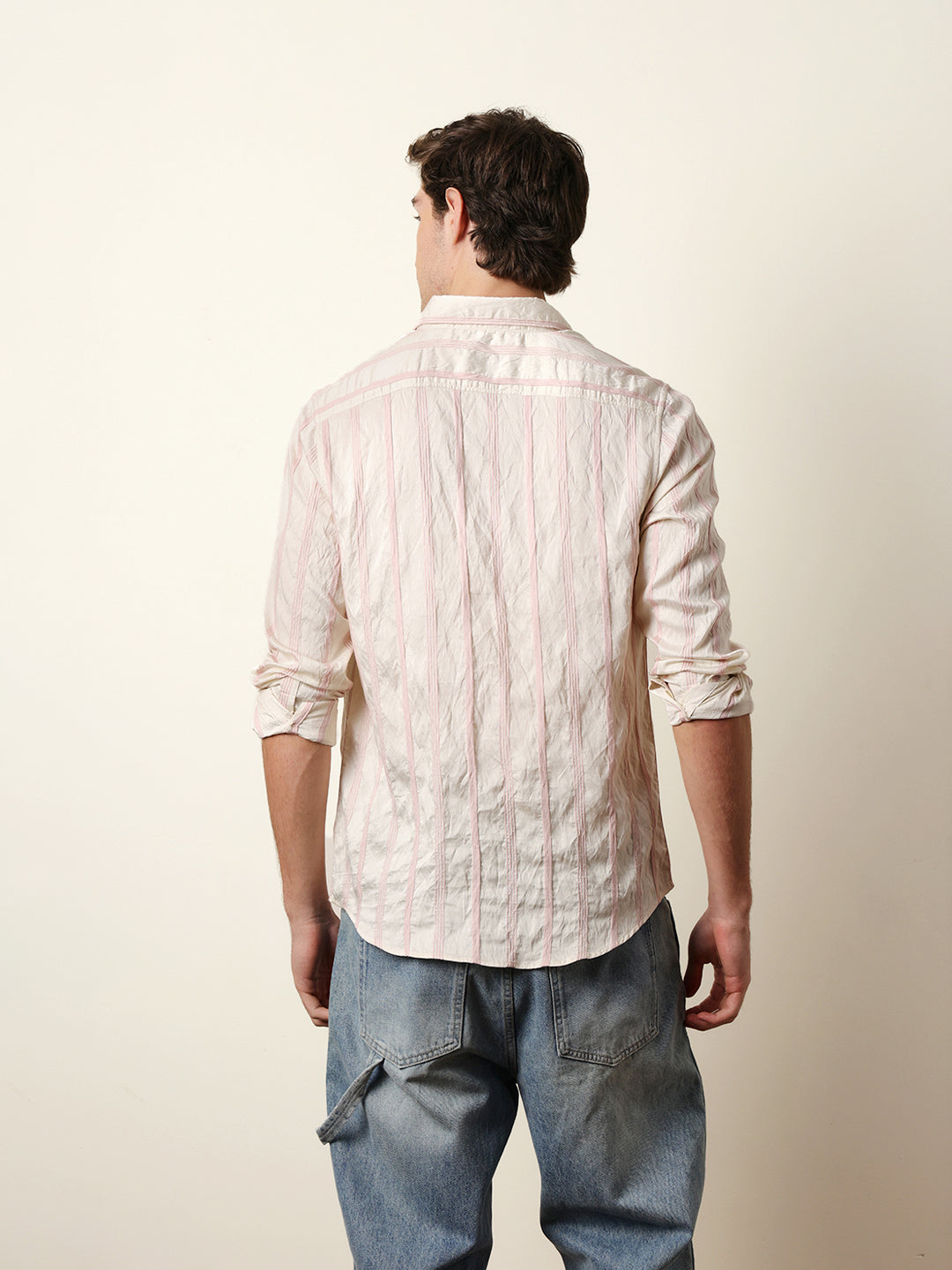 Pink & Cream Seersucker Vertical Pinstripe Slim Fit Casual Shirt