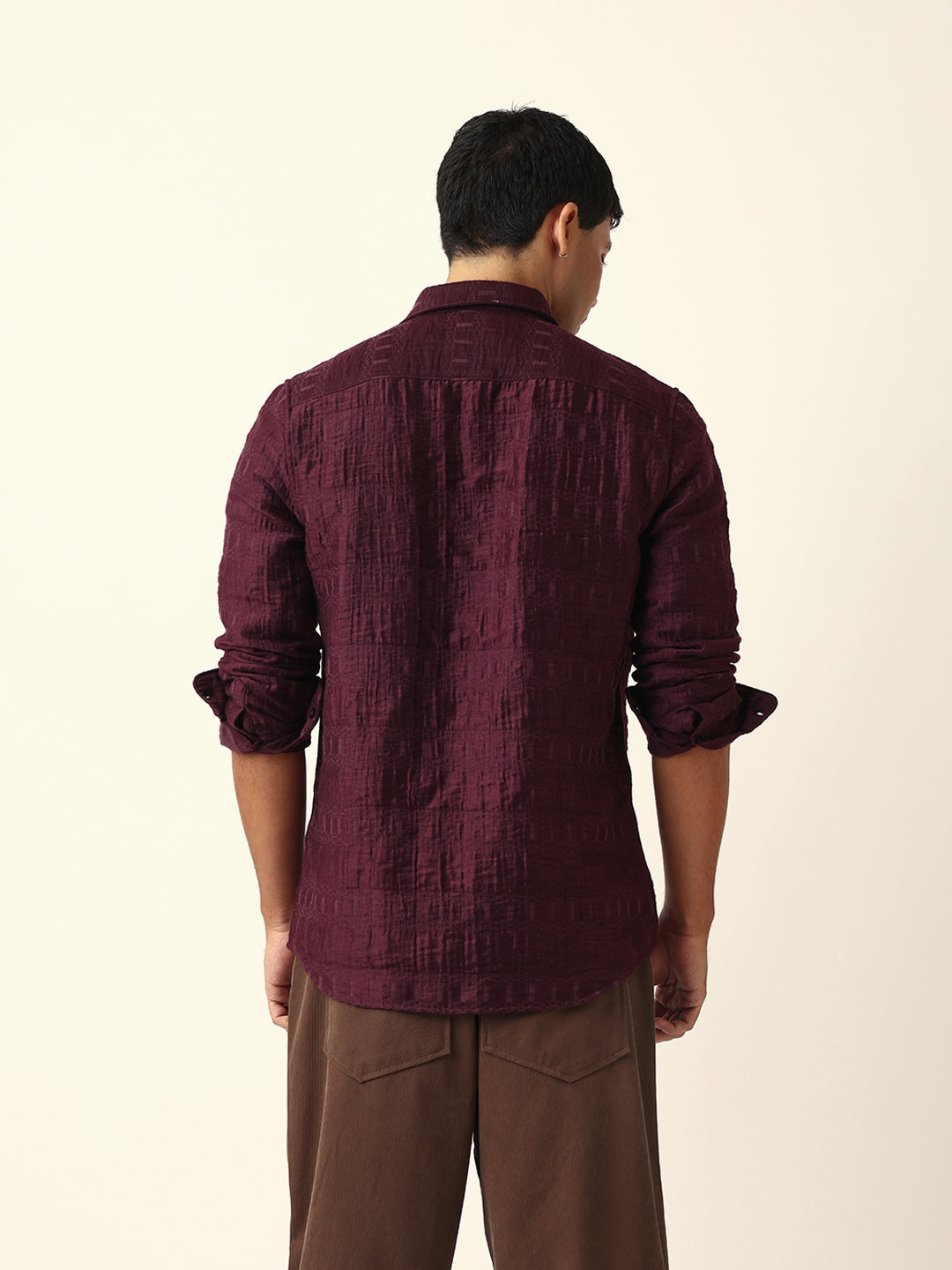 Maroon Textured Woven Self-Design Slim Fit Casual Shirt